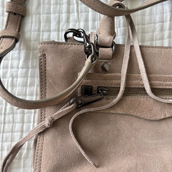 Rebecca Minkoff Mini Regan Satchel Suede Leather Taupe Beige Crossbody Tote - Picture 2 of 13
